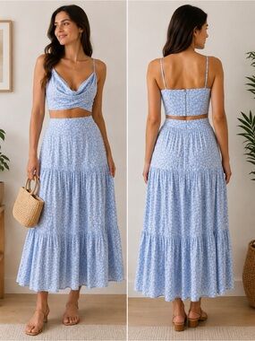 Light Blue Floral Drape Crop Top and matching maxi skirt